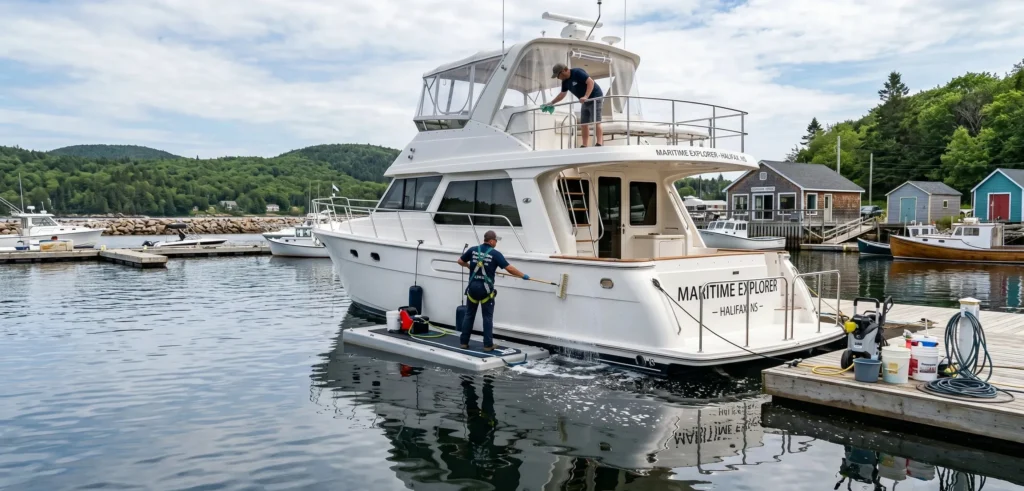 Boat cleaning service in Shelburne Nova Scotia marina
