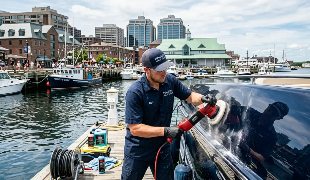 High-speed boat buffing Halifax waterfront