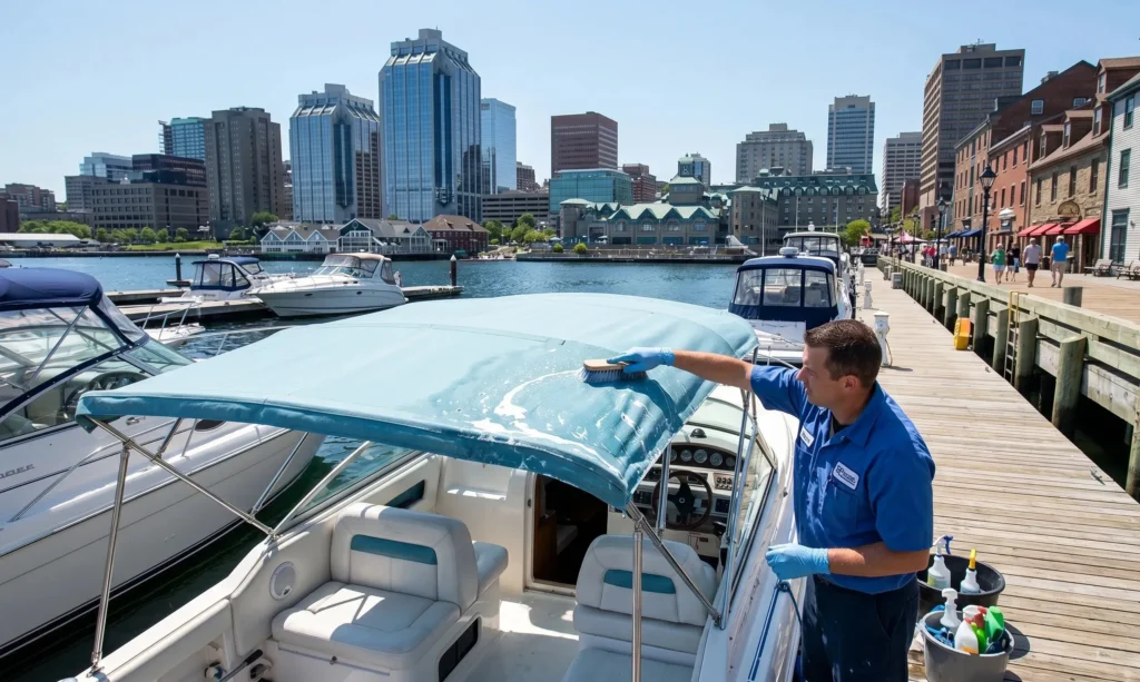 Bimini top cleaning service in New Brunswick marina