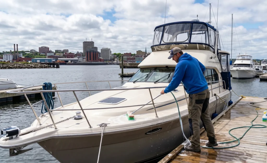 Boat deck cleaning service in New Brunswick marina