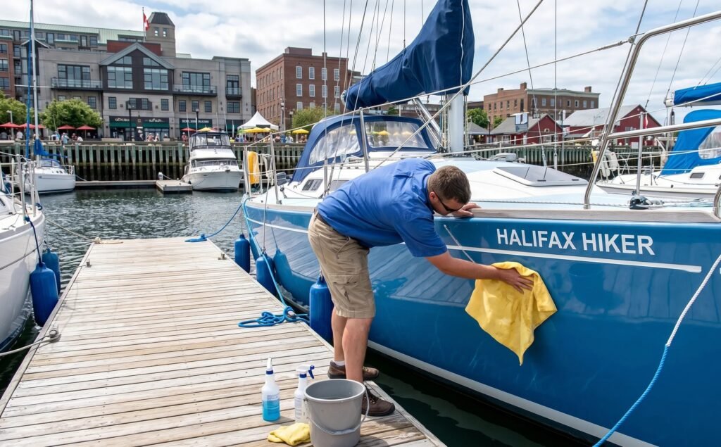 Boat drying service in Prince Edward Island harbour