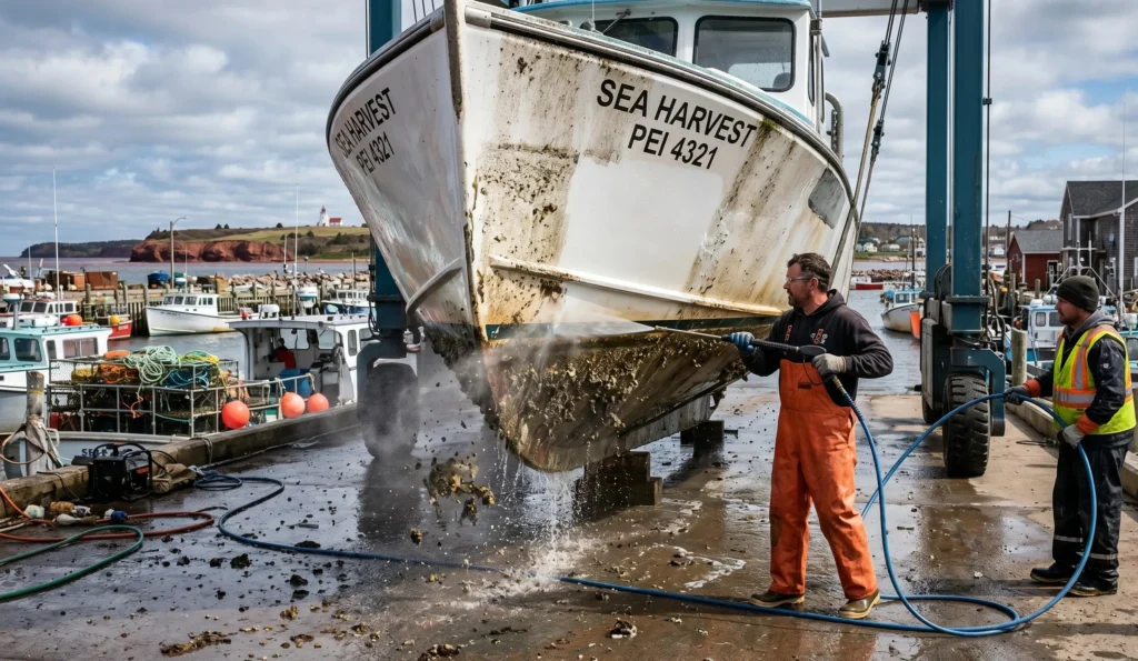 Boat hull cleaning service in Prince Edward Island harbour