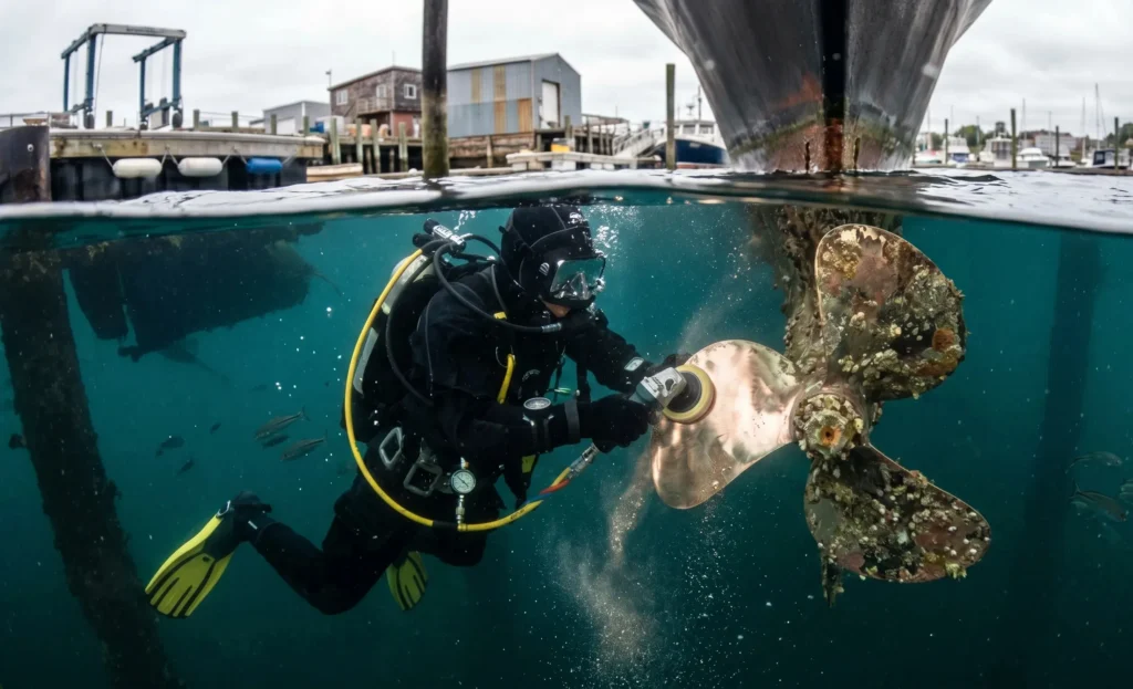 Marine propeller cleaning service in New Brunswick marina