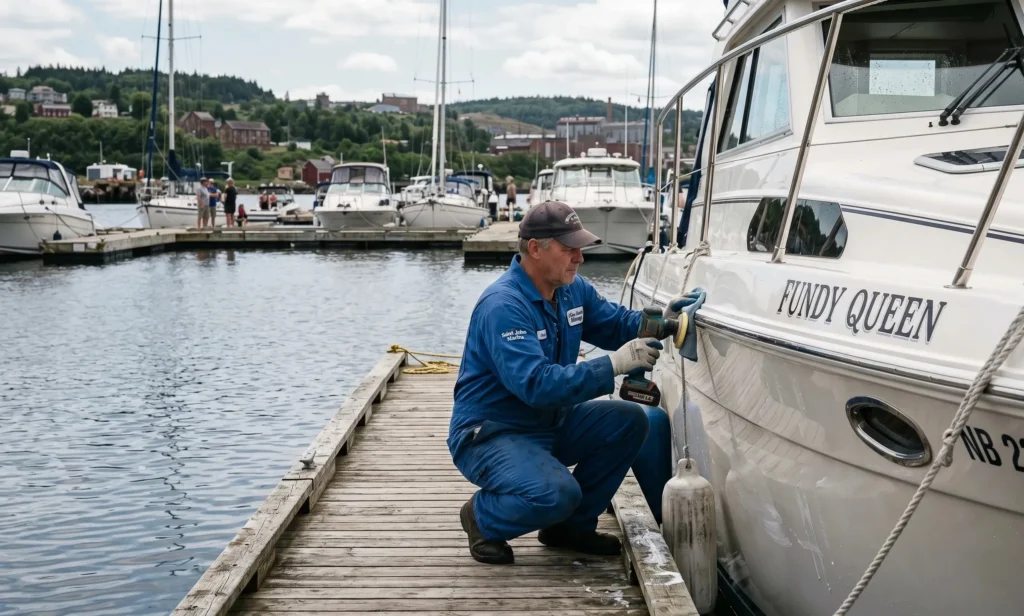 Marine rub rail cleaning service in New Brunswick marina