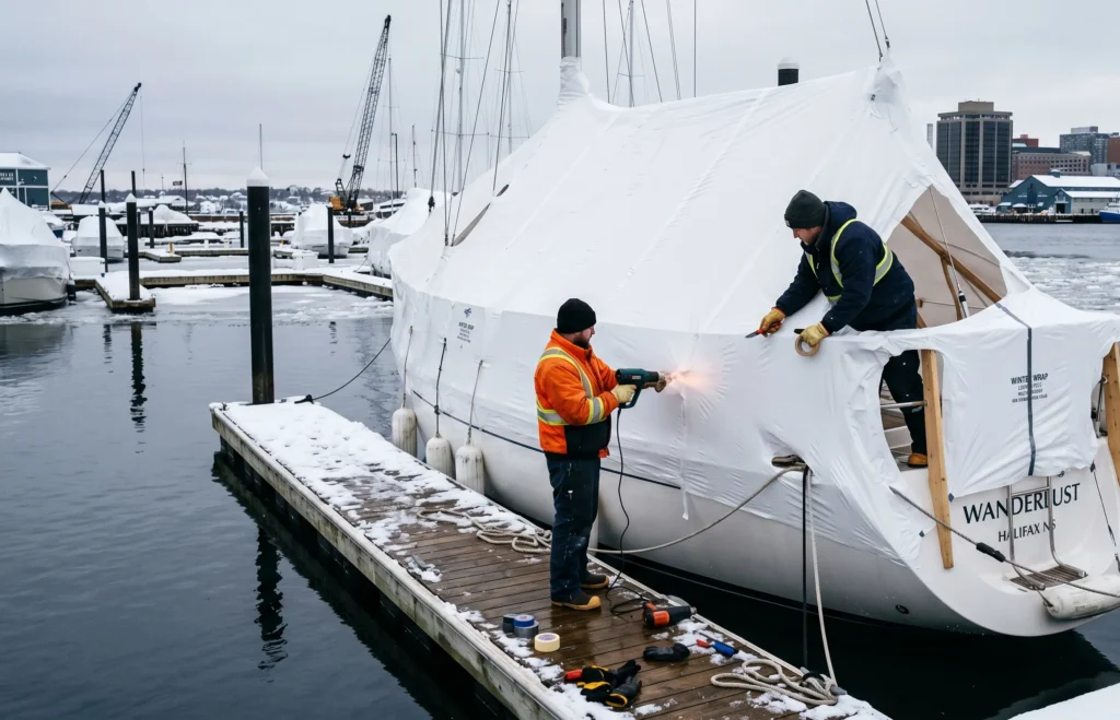 Marine shrink wrapping service in New Brunswick marina