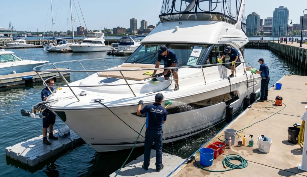 New boat preparation cleaning service in New Brunswick marina