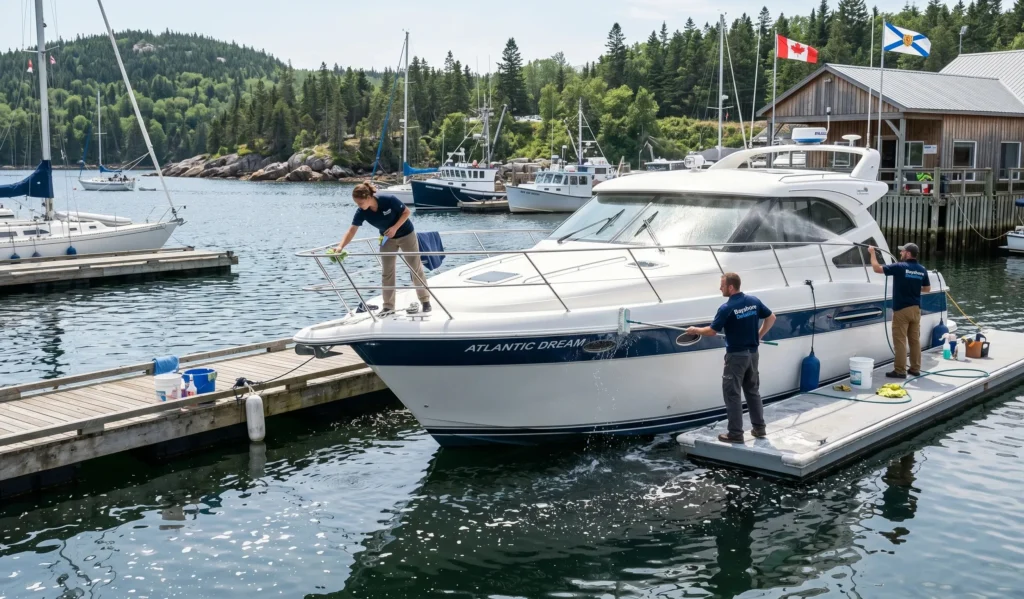 Boat cleaning service in Mahone Bay Nova Scotia harbor