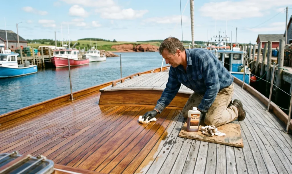 Teak oiling service in New Brunswick marina