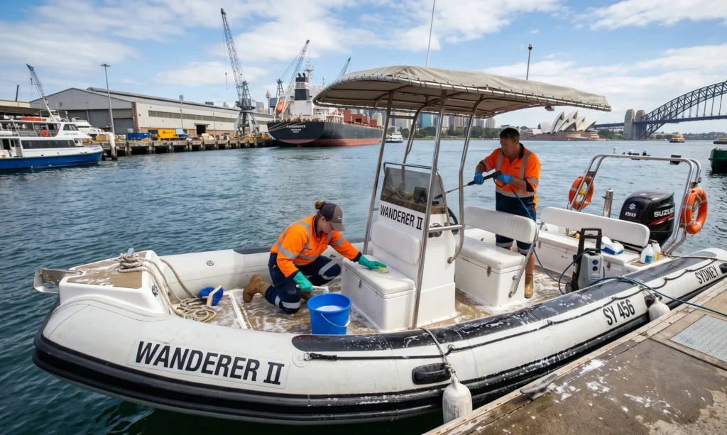 Tender boat cleaning service at Sydney Marine Terminal