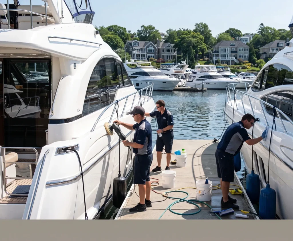 Boat cleaning service at Dartmouth waterfront marina