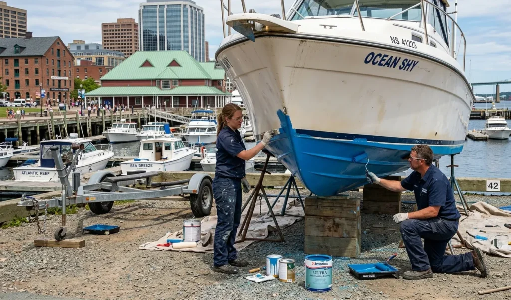 Marine hull painting service in New Brunswick marina